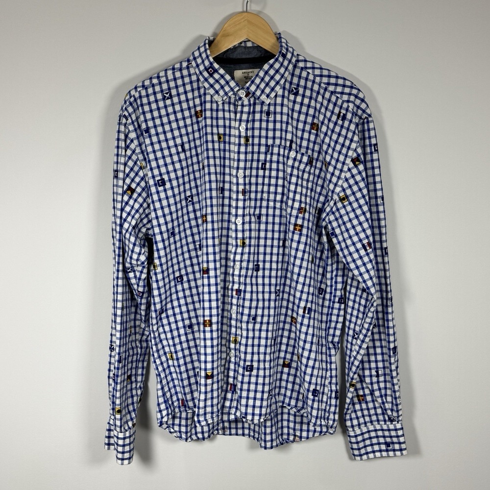 Artistry In Motion Gingham Button Down LS Shirt Blue Flags Print Mens L - Picture 2 of 9